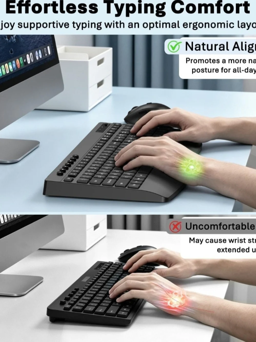 Wireless Keyboard and Mouse Combo, Full-Size Ergonomic Computer Set with Palm